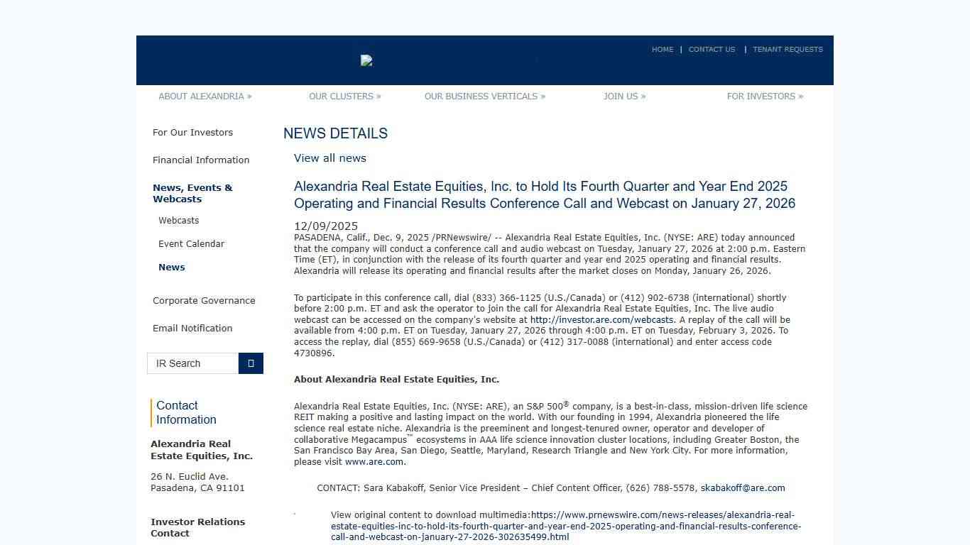 Alexandria Real Estate Equities, Inc. - Alexandria Real Estate Equities, Inc. to Hold Its Fourth Quarter and Year End 2025 Operating and Financial Results Conference Call and Webcast on January 27, 2026